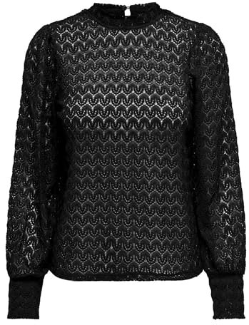 JDY Blusa de Mujer Cuello Alto Botones Detalles de Encaje Manga Larga, Color:Negro-2, Talla:M