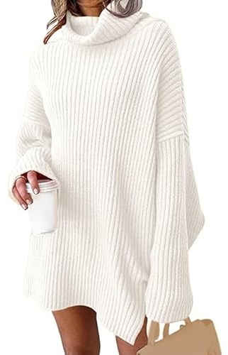 JFAN Vestido de Punto Mujer Invierno Elegante de Cuello Alto y Manga Larga, Blanco, Small