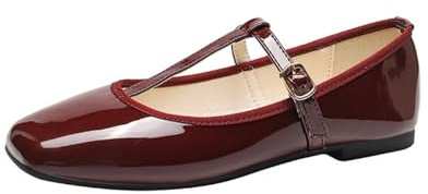 ANUFER Women's Flat Mary Jane Shoes Buckle T-Strap Ballet Pumps SD5A1208 Burgundy UK6