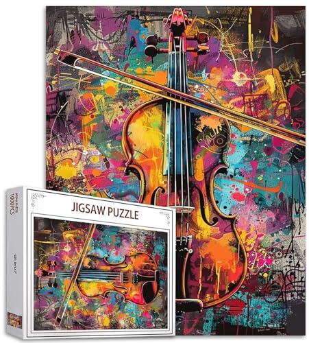 Graffiti Violon Puzzle 1000 pièces pour adulte, instrument rétro, parfait pour les amateurs de casse-tête, illustrations vives et pièces de qualité, stimulantes et relaxantes, excellente idée cadeau