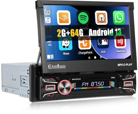 SIXWIN 2GB+64GB 1 DIN Android 13 Autoradio mit Carplay/Android Auto/Mirrorlink, 7-Zoll Touchscreen, Auto Retract Radio mit Bluetooth,WiFi, GPS, FM, RDS,EQ, 2USB, Type-C
