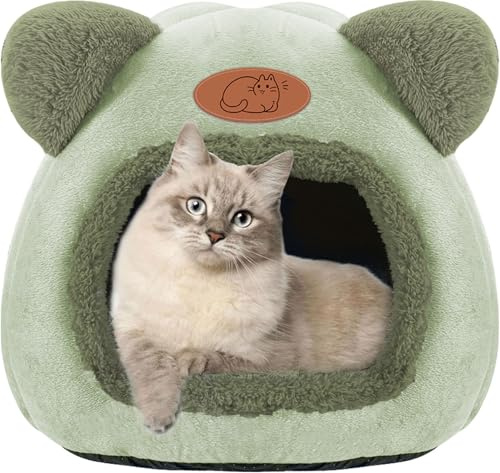 TUAKIMCE Indoor Cat Cave Bed - Igloo Tent House With Removable Washable Pillow, Super Soft Calming Fluffy Pet Sofa Mats, Foldable Portable for Kittens