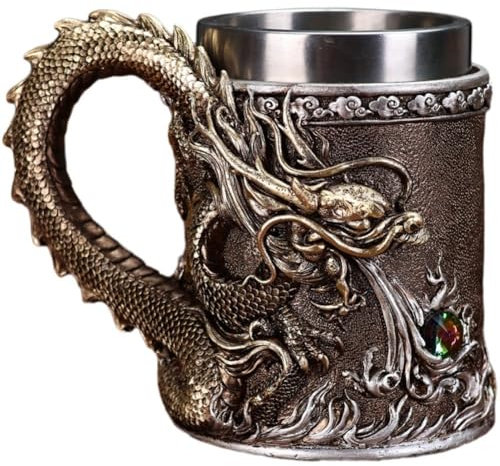 Luxylei Dragon Beer Mug 600ml Vintage Wine Coffee Cup Stainless Steel Drinking Tankard Medieval Beer Stein Cup Resin Coffee Beer Mug for Party Bar