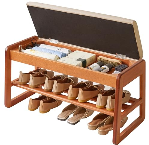 Aibiju Wood Shoe Storage Bench with Flip-Top Storage, 2-Tier Entryway Shoe Bench, 31.5in Shoe Rack with Cushion for Living Room, Hallway, Bedroom, Cherry Wood Color YD-WD061C