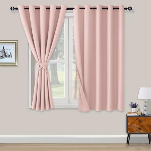 XWZO Blackout Curtains Shades Window Curtain Panels with Tiebacks- Noise Reduction and Thermal Insulated Eyelet Curtains for Bedroom,Living Room,Office,Study Room Pink W66xL54