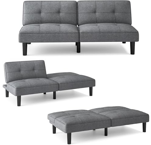 COSTWAY 2-3 Seater Convertible Sofa Bed, 6-Level Adjustable Click Clack Sofa Bed Settee, Modern Linen Fabric Upholstered Futon Recliner Lounge Couch Sleeper for Living Room Bedroom, Grey
