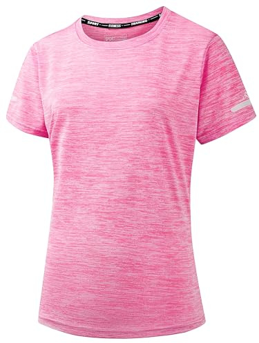 Peakwell Femme T-Shirt de Sport Respirant Manches Courtes Tee-Shirts Fonctionnels Tops, Rose, M