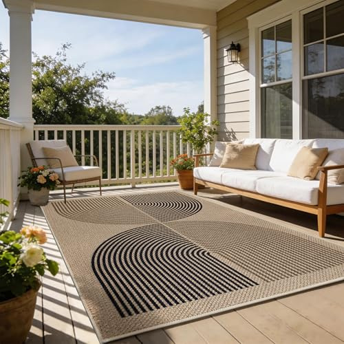 Capslpad Outdoor Teppich 120x180cm, Jute Aussehen Wetterfest Teppich, Robuster Flachgewebe Waschbar Teppiche, Double Arc Design rutschfest Küchenteppich für Wohnzimmer, Balkon, Eingang, Küche