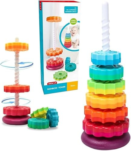 Starnearby Tour Empilable Rotatif, Jouet Rotatif Bébé Arc-en-Ciel Empilable