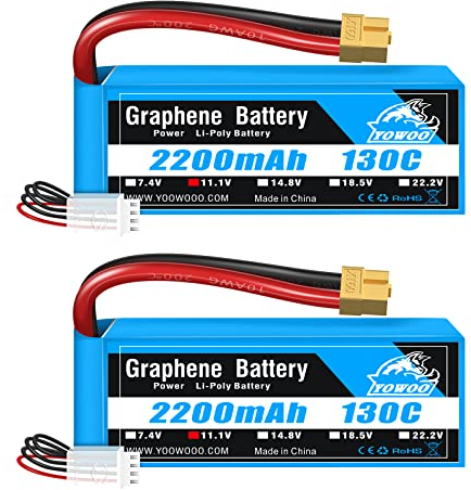 Yowoo 3S Lipo Battery 2200mAh 130C 11.1V RC Graphene Lipo with XT60 / Deans T Plug for E-flite Valiant Parkzone E4F Wildcat Great Planes E-Cub RC Car Boat Truck Helicopter Quadcopter (2 Pack)