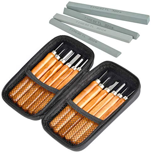 TIMESETL 12Stück Holz Schnitzmesser Schnitzwerkzeug für Holz, Schnitzwerkzeug Set für Profis und Anfänger DIY Holz Craft stechbeiteln Tranchiermesser mit 4Stück Schleifsteine + Tragbar Tasche