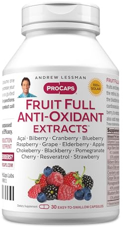 ANDREW LESSMAN Fruit Full Anti-Oxidant Extracts 30 Capsules - 14 Natural Fruit and Berry Extracts. Bilberry, Cranberry, Grape Seed, Pomegranate, Resveratrol, and More. Easy to Swallow Capsules