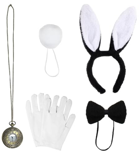 NITAIUN Bunny Costume Set Bunny Accesorio Easter Bunny Fancy Dress Kit instantáneo Orejas de Conejo Diadema Pajarita Puños Cola para niños Adultos Navidad Pascua Cosplay Disfraz Fiesta (Negro)