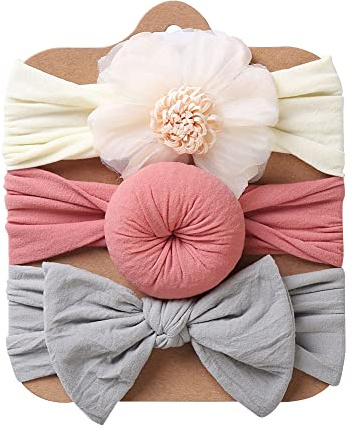 ISAKEN Fasce Capelli Neonata, 3 Pezzi Fascia per Capelli per Neonata in Cotone, Elastica Fasce per Capelli per Bambini con Fiocchi, Morbido Elastico Turbante Accessori per Capelli per Neonati