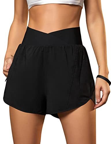 Blooming Jelly Women's Workout Shorts Athletic Running Casual Summer Quick Dry Gym Active Shorts with Zipper Pockets (Black,Large)