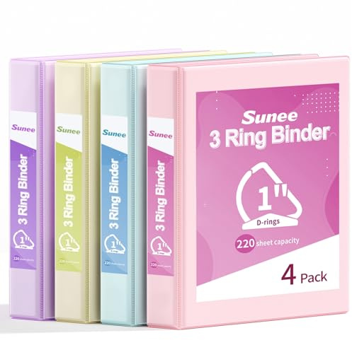 SUNEE 3 Ring Binder 1 Inch D Ring, Clear View Binder Three Ring PVC-Free (Fit 8.5x11 Inches) for School or Office Supplies, Assorted Pastel, 4 Pack