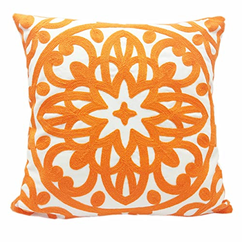 Alysheer Embroidered Decorative Throw Pillow Cover 20x 20, Boho Mandala Modern Thick Embroidery Pattern, Durable Cotton Canvas Soft Cushion Case for Sofa Couch Bed Living Room (Bright Orange)