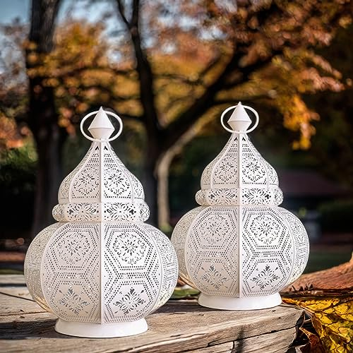 2er Set Orientalische Laterne aus Metall Maha Weiss 28cm | orientalisches Marokkanisches Gartenwindlicht | Marokkanische Metalllaterne für draußen als Gartenlaterne, oder Innen als Tischlaterne