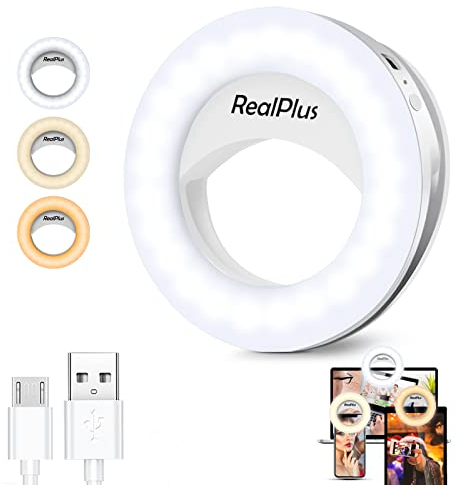 RealPlus Selfie Ring Light Téléphone[Nouveau], Anneau Lumineux Portable avec Clip, Rechargeable, 40 LED, 3 Modes d'Éclairage, Dimmable Ringlight, Ringlight pour Téléphone, TikTok, Youtube, Cadeau,etc