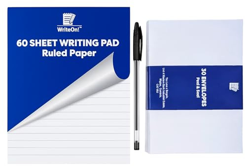 Letter Writing Set – 60-Page Notebook, 30 Peel & Seal Envelopes & Black Ink Pen – Writing Kit for Personal Letters & Stationery