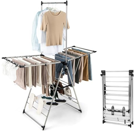HOMASIS Wäscheständer klappbar, Standtrockner mit 2 Flügeln, höhenverstellbar Wäschetrockner Trockenständer mit Wäschestange & Sockenhalter & 4 Schuhhalter, Flügelwäschetrockner für Innen & Außen