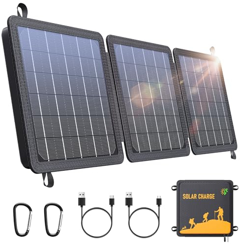 WASTDE Panel Solar Portatil 15W, Cargador Solar de con Salida USB-C/USB Compatible con Teléfonos y Tabletas, Eficiencia de Conversión del 24%, Impermeable IPX4 para Camping y Emergencia Apagones