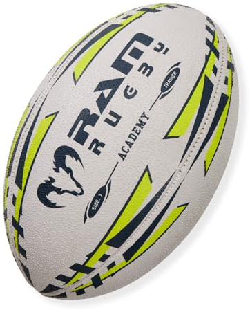 Ram Rugby Academy Training Ball (Size 3 & 4) – Hand Stitched 3-Ply with 1 Year Shape Guarantee – High Grip Rubber Surface for Youth & Club Use