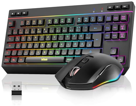 RedThunder 75 % trådlöst tangentbord och musset, QWERTZ DE TKL-layout, kompakt RGB-tangentbord, individuella multimedia-funktionstangenter, 7D-optisk mus för PC Xbox PS5, kontor (svart)
