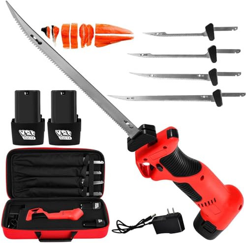 Elektrisches Fischfiletiermesser, Fischschneidemesser, Tranchiermesser mit 4 Ti-Nitrid SS-beschichteten, antihaftbeschichteten, hin- und hergehenden Klingen, sicherer Verriegelung, rutschfestem Griff