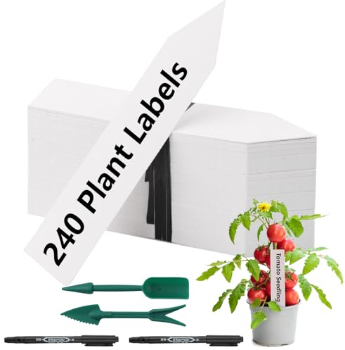 240PCS Plant Labels, Waterproof Plant Labels for Outdoor Plants, 10×2cm Plant Labels Plastic with 2 Marker Pens and 2 Planter Tool, Plant Tags for Identification of Seed Vegetables Flowers