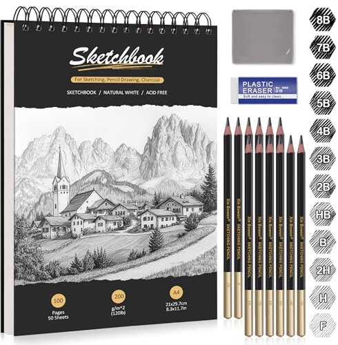 DazSpirit Skizzenbuch, Hardcover Zeichenblock mit 200g/m² dickem Papier, 12 Skizzenstifte & Radiergummis, Spiralbindung, 50 Blätter/100 Seiten Skizzenblock – Ideal für Bleistift, Kohle, Pastell