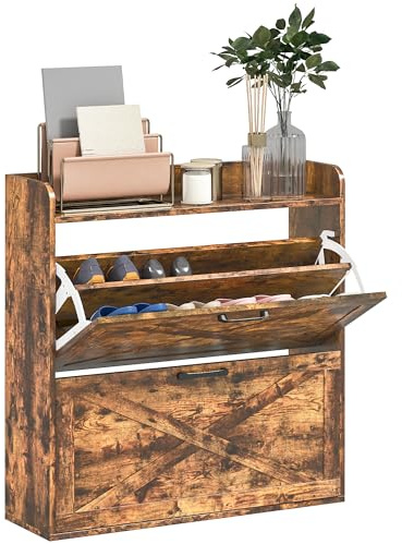 HOMCOM 2 Drawer Narrow Shoe Cabinet, Farmhouse Slim Shoe Storage Cabinet Cupboard with Adjustable Shelves and Barn Door Design for Entryway, Hallway, Rustic Brown