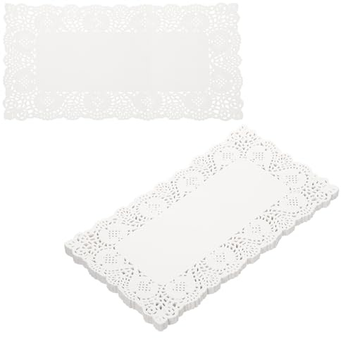 QUARKZMAN 100 pièces Napperons en Papier Dentelle 7,5 x 11,8 Pouces Blancs Rectangulaires Jetables Décoration Papier Placemats Fleurs Ajourées Absorbantes pour Gâteaux Desserts