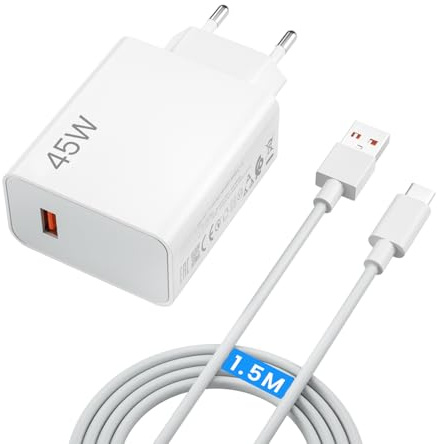 Cargador Rápido USB-C 45W para Xiaomi, Compatible con Redmi Note 15/14 Pro 5g, Note 15/14 5,g, Poco M8 5g, Poco X7/M7 Pro 5.g, Pad 8/7, Carga Turbo y Rápida Adaptador USB-C 45W con Cable 6A de 1,5 M