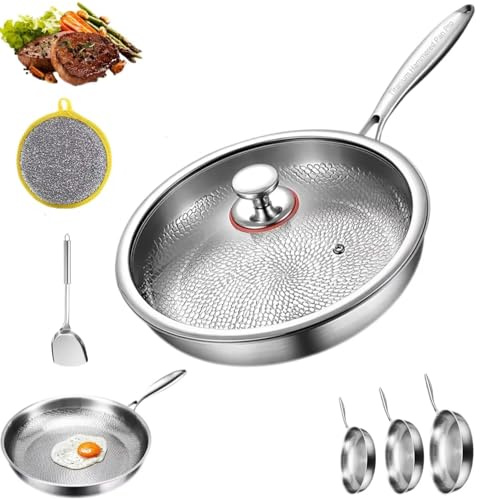 SHIFuXX Titanpfanne, gehämmerte Titanpfanne Pro mit Deckel, 100% Antihaftbeschichtung, gehämmert, Titan-Bratpfanne, gleichmäßiges Erhitzen for Kochen, for Kochen(26cm)