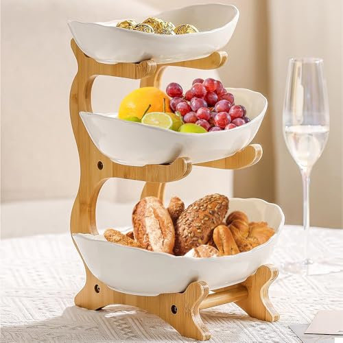 WODFARR Présentoir à fruits à 3 étages, Corbeille a Fruits Céramique avec support en bois résistant, Plateaux de Service pour Gâteaux Fruits Dessert, Décoration Coupe de Fruit (blanc)