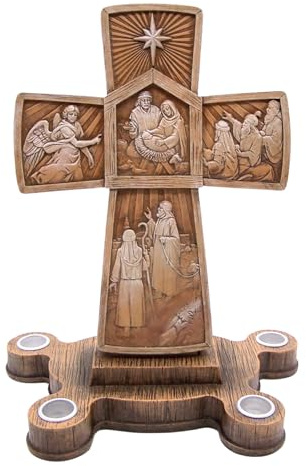 Nativity Scene Cross with Star Advent Wreath, Resin Holiday Centerpiece, 4 Candle Holders, 12 inches
