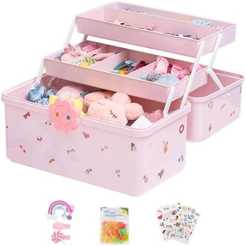 Hair Piece Organizer - 3-Layers Girls Hair Accessories Storage Box - Contains 6 Stickers, 1 Pack of Bands, 1 Pack of Clips,Large Capacity, Light Weight, Easy To Carry for Home, Travel