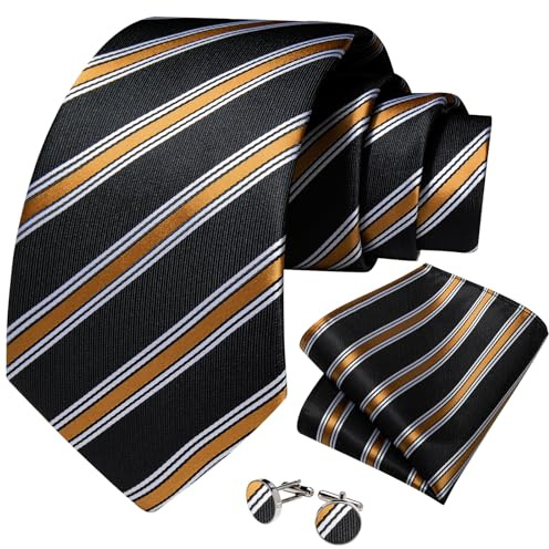 DiBanGu Mens Black and Gold Silk Tie Set Stripe Plaid Necktie Pocket Square Cufflinks and Tie Clip Set for Business Wedding Party