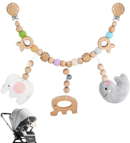 Vicloon Chain Baby Stroller Pendants, Wood Pram Chain for Baby Strollers and Cribs, Boys and Girls (Elephant)