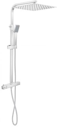 Sistema doccia a pioggia, 30 x 30 cm, sistema doccia termostatico, altezza regolabile 82-110 cm, 2 valvole di non ritorno integrate, soffione girevole a 360°, fissaggio a parete
