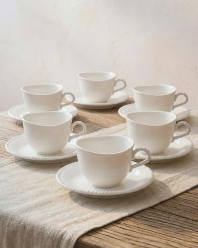 BAVARY Pearl Tazzine Espresso con Piattino – Servizio Caffè in Porcellana 12 Pezzi 6 Persone – 100 ml – Design ondulato con bordo perlinato – Tazzine moka/demitasse – Caffè turco – Lavastoviglie