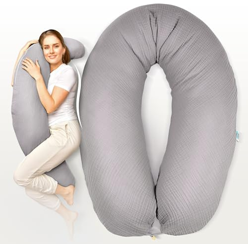 sei Design XXL Stillkissen 190 cm x 35 cm mit Musselin-Bezug ergonomisch. Schwangerschaftskissen Seitenschläferkissen Komfortkissen für Erwachsene. Stillkissenbezug aus 100% Bio-Baumwolle