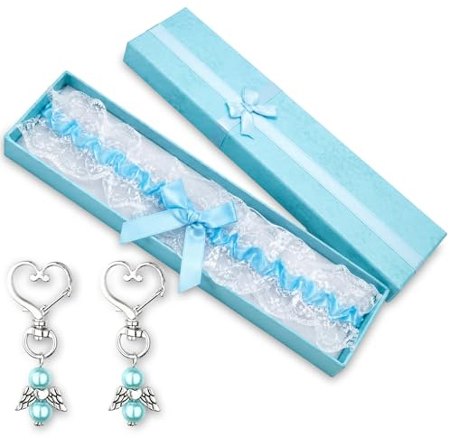 JBLJDWD 1 Pack Blue Garters for Brides, Lace & Satin Bridal Garter with Angel Wing Pendant & Gift Box, Elastic Wedding Garter Set
