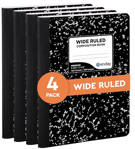 Emraw Marble Composition Notebook Wide Ruled Black and White Composition Books 100 Sheets (4 Pack) - By Enday