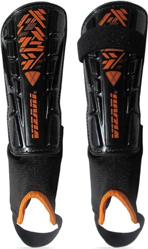 Vizari Malaga Football Shin Pads - Adults & Kids With Superior Ankle Support - Non-Slip Adjustable Straps for Men and Women, Black/N. Orange Large