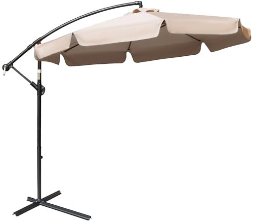 Outsunny 2.7m Garden Banana Parasol Cantilever Umbrella with Crank Handle and Cross Base for Outdoor, Hanging Sun Shade, Light Brown
