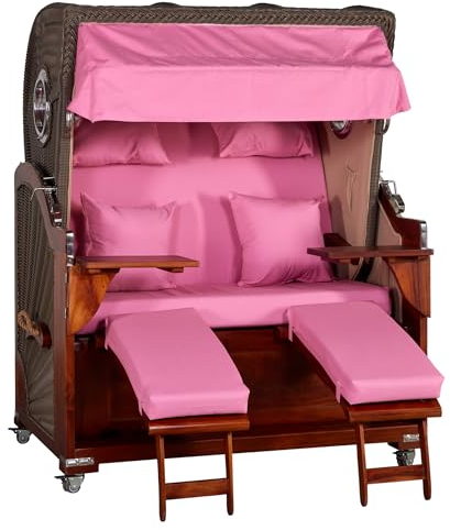 Webavita Strandkorb Romy Rosa Hell edles Mahagoni | Luxus 2,5-Sitzer Volllieger mit Bullauge | Premium Urlaubsfeeling für zuhause Terrasse Balkon | Sonnenliege