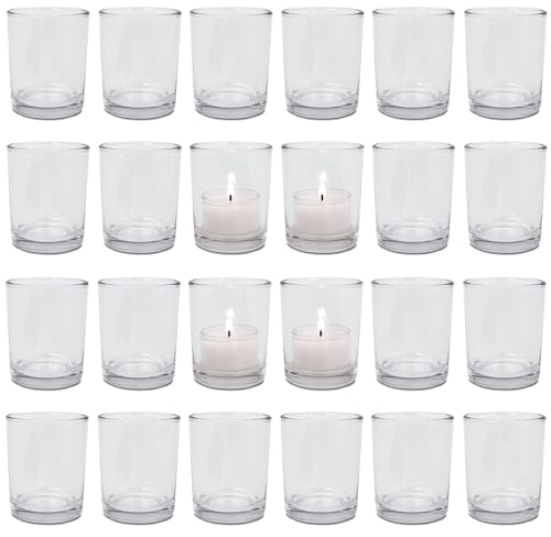 24 Teelichthalter PUR | Teelichter Glas Rund - Windlicht Set | Ø 5,5 cm H 6,5 cm | Teelichtgläser für Tischdeko bei Hochzeit & Geburtstag | Kerzen Gläser auch für Dessert - DecoLite