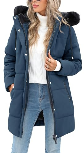 RITOSTA Abrigos Mujer Invierno Parkas Larga Plumifero Plumon Forro Polar Chaqueta Acolchada con Cremallera Sudadera con Capucha Desmontable de Piel Artificial para Deportes al Aire Libre (Marina,L)